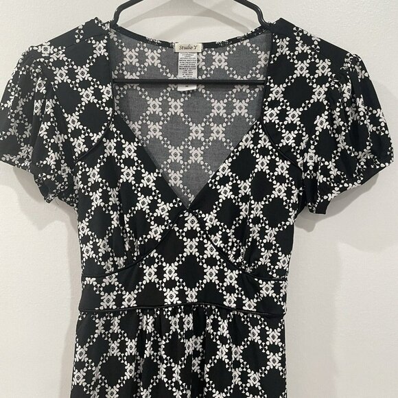 Studio Y Black White Stretchy Waist Tie Short Sleeve Blouse Size Medium M - Picture 2 of 7